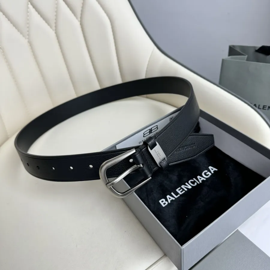 Balenciaga Men's Black Suit Belt In Black Grained Calfskin With Gold/Silver Hardware 35mm
