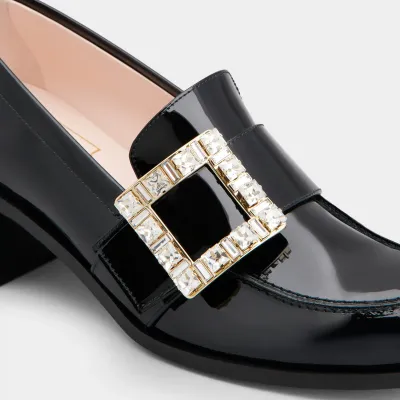 Roger Vivier Viv' Rangers Loafers In Black Patent Leather With Crystal Buckle (Heel Height 5.5cm)