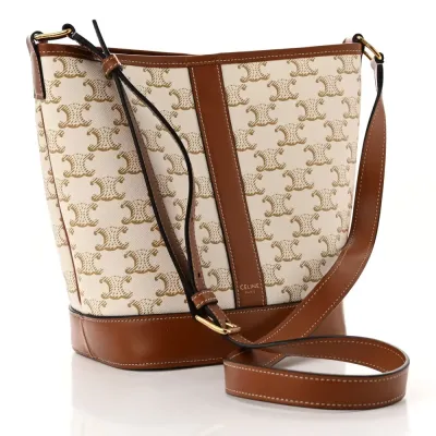 Celine Small Bucket Bag White Triomphe Canvas & Calfskin Leather Gold Hardware