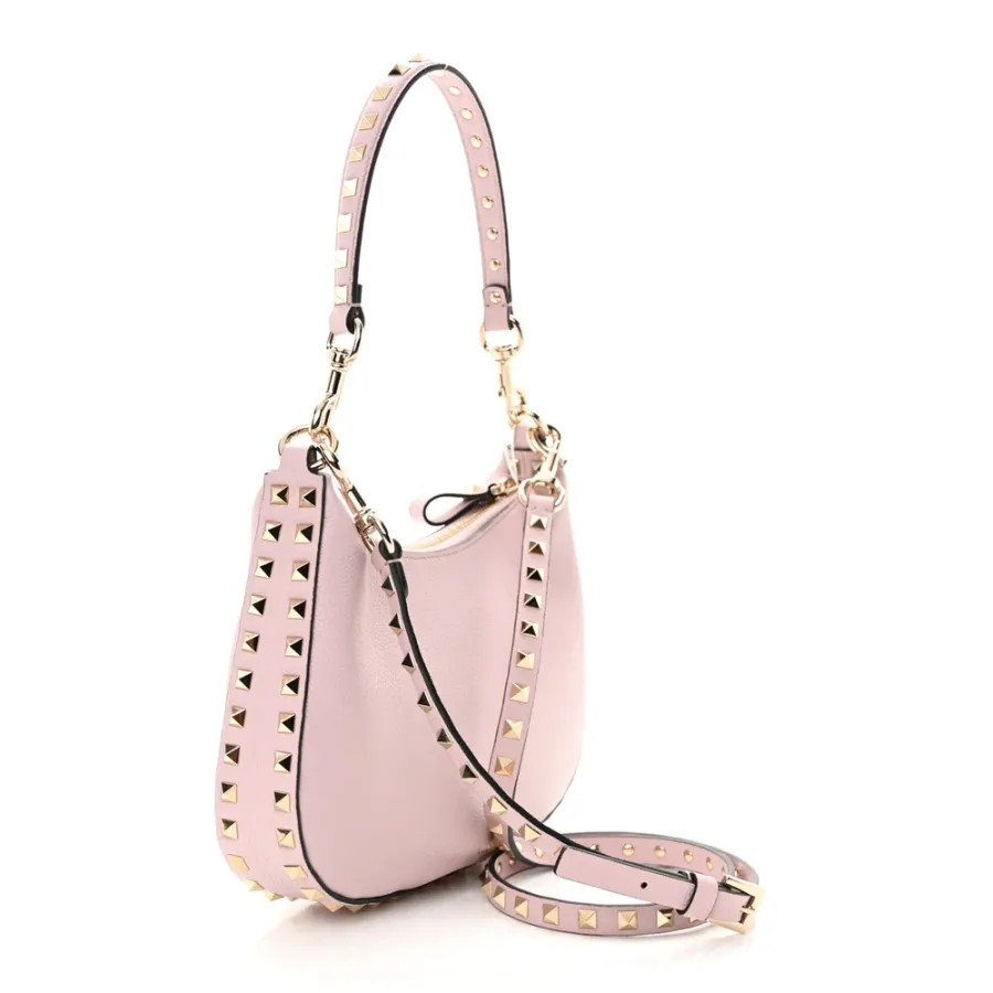 Valentino Garavani Small Rockstud Hobo Bag Water Lilac Grained Calfskin Leather Gold Hardware