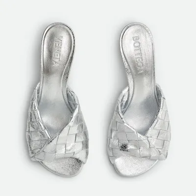 Bottega Veneta Blink Mule In Silver Intrecciato Leather Kitten Heel Mule (Heel Height 4.5cm)