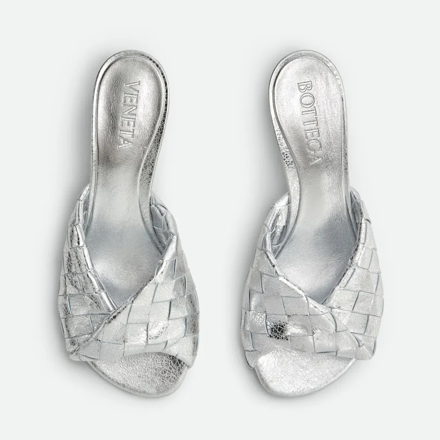 Bottega Veneta Blink Mule In Silver Intrecciato Leather Kitten Heel Mule (Heel Height 4.5cm)
