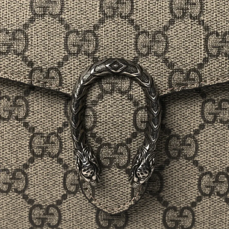 Gucci Small Dionysus Clutch Taupe GG Supreme Monogram Canvas Aged Silver Hardware