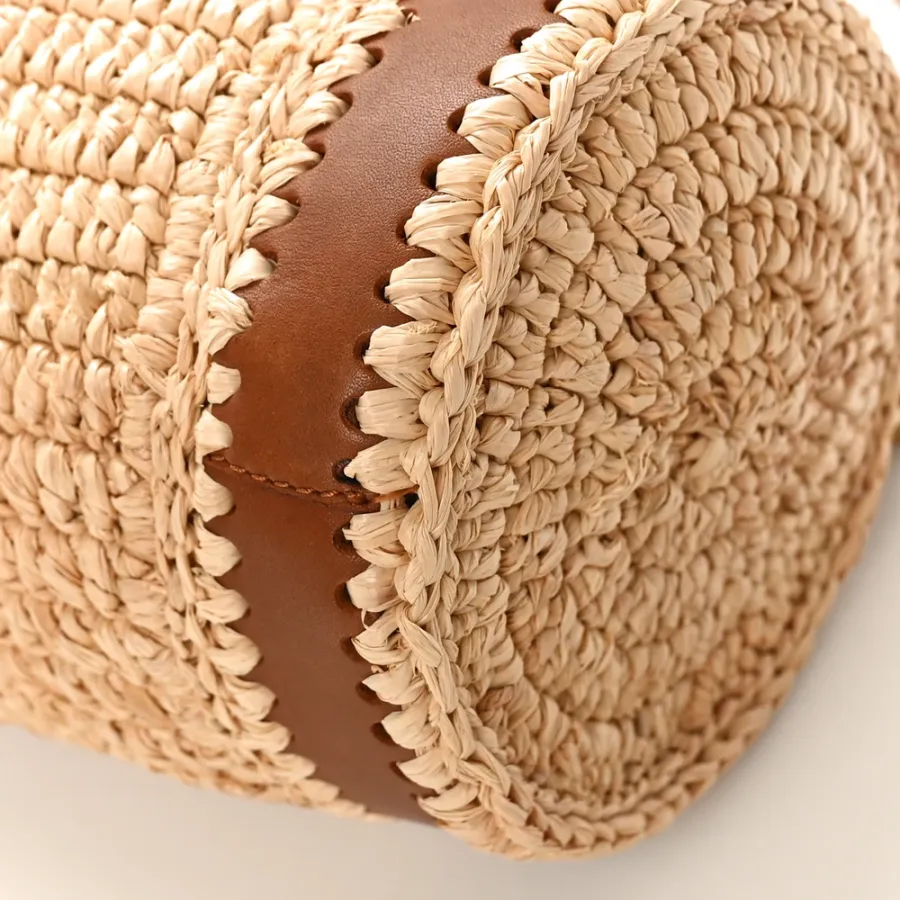 Saint Laurent Small Cylindric Bag Natural and Brick Monogram Raffia Cassandre Aged Gold Hardware