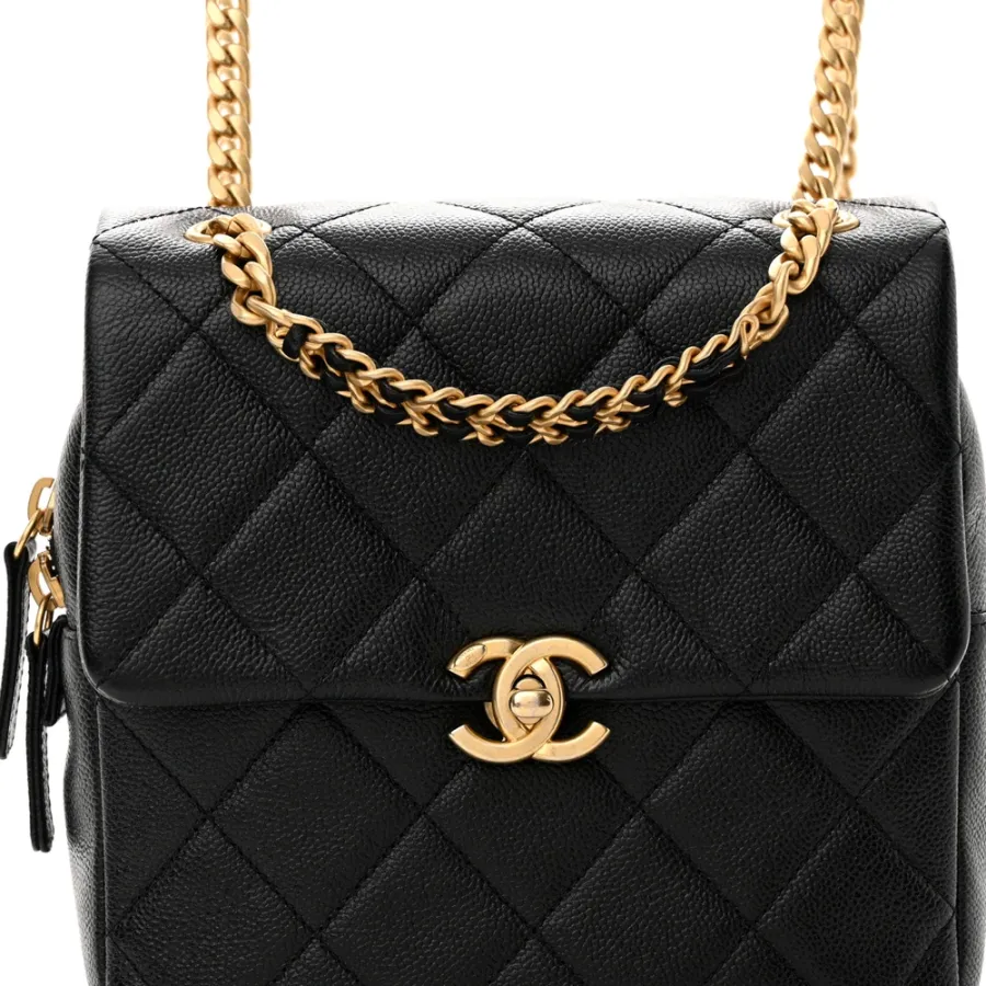 Chanel Chain Melody Backpack Small Black Quilted Shiny Caviar Leather Gold Hardware