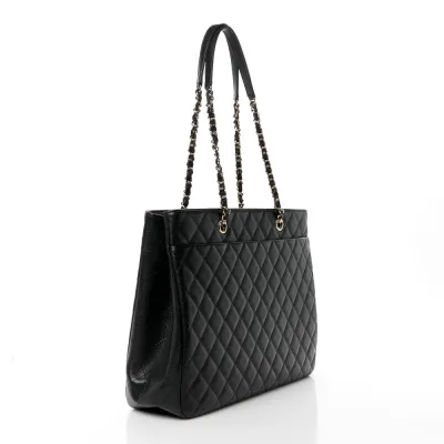 Chanel Shopping Tote Large Black Quilted Caviar Leather Light Gold Hardware
