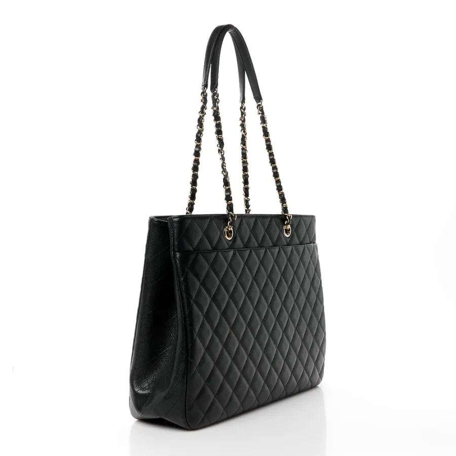 Chanel Shopping Tote Large Black Quilted Caviar Leather Light Gold Hardware