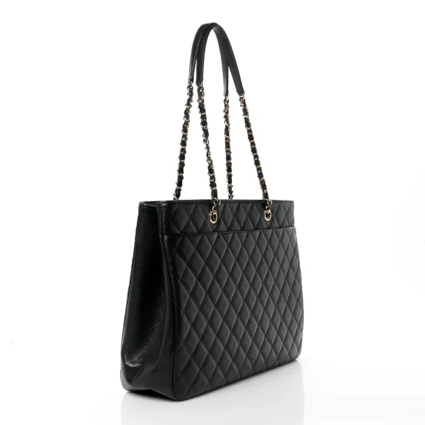 Chanel Shopping Tote Large Black Quilted Caviar Leather Light Gold Hardware - Image 3