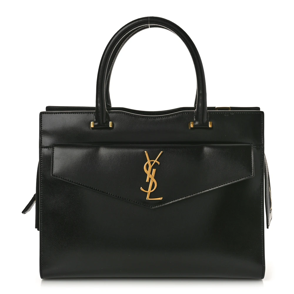 Saint Laurent Bolsa Uptown Média Couro Bezerro Brilhante Preto Hardware Dourado