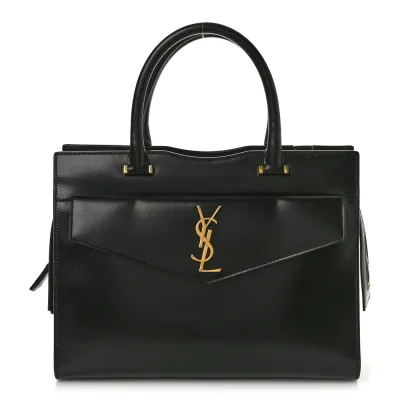 Saint Laurent Medium Uptown Tote Black Shiny Calfskin Leather Gold Hardware