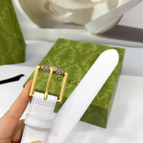 Gucci Women's Emblem Belt With Monogram Buckle In Brown/White/Black Smooth Calfskin With Gold Hardware 30mm - Image 8