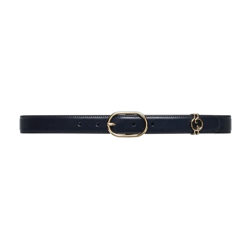 Gucci Cinto Oval Feminino em Pele de Bezerro Preto/Branco com Acabamento Dourado 25mm