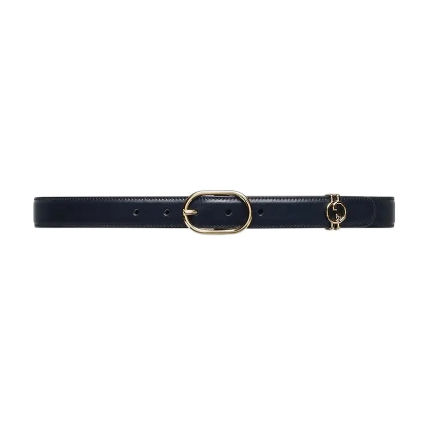 Gucci Women's Oval Belt In Black/White Calfskin With Gold Hardware 25mm