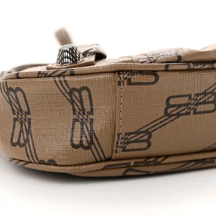 Balenciaga BB Le Cagole Mini Purse With Chain Beige/Brown Coated Canvas Monogram Silver Hardware