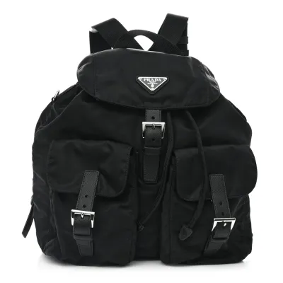 Prada Medium Backpack Black Re-Nylon & Saffiano Leather Silver Hardware