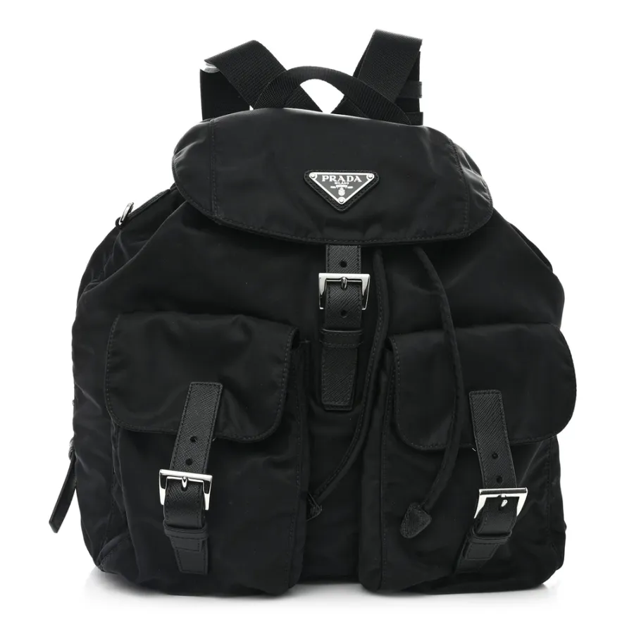 Prada Medium Backpack Black Re-Nylon & Saffiano Leather Silver Hardware