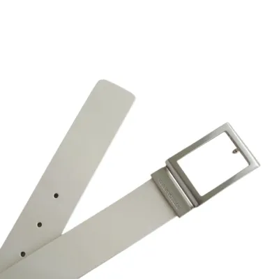 Bottega Veneta Men's Rectangled Buckle Belt In White/Black Calfskin With Silver Hardware 35mm