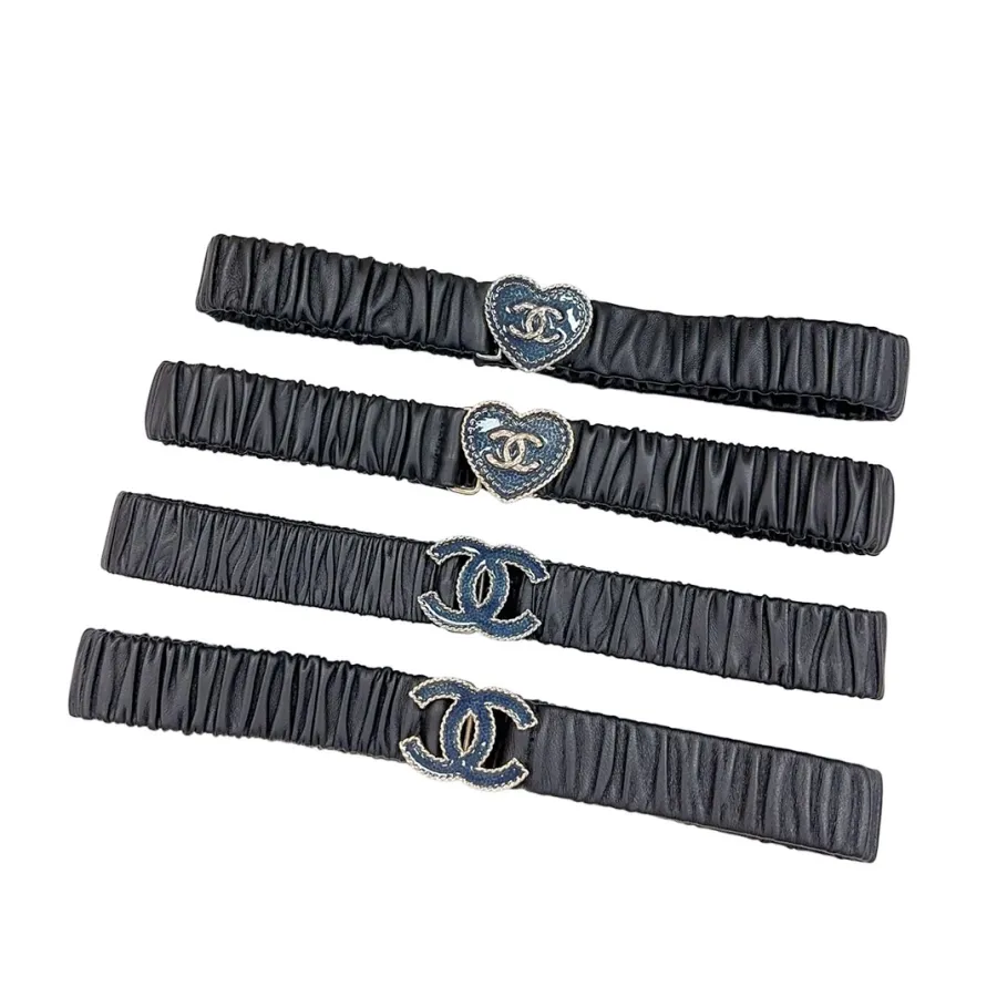 Chanel Women's Heart/CC Buckle Elastic Belt In Black Lambskin With Gold/Silver Hardware 30mm