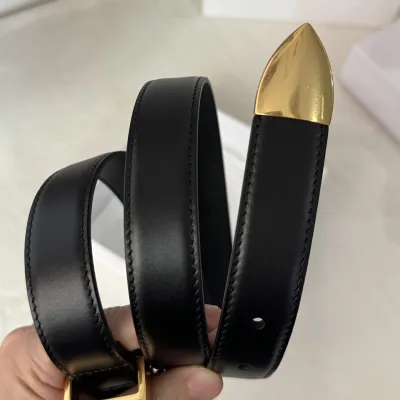 Saint Laurent Folk Buckle Belt In Black Brushed Leather With Gold/Silver Hardware 25mm