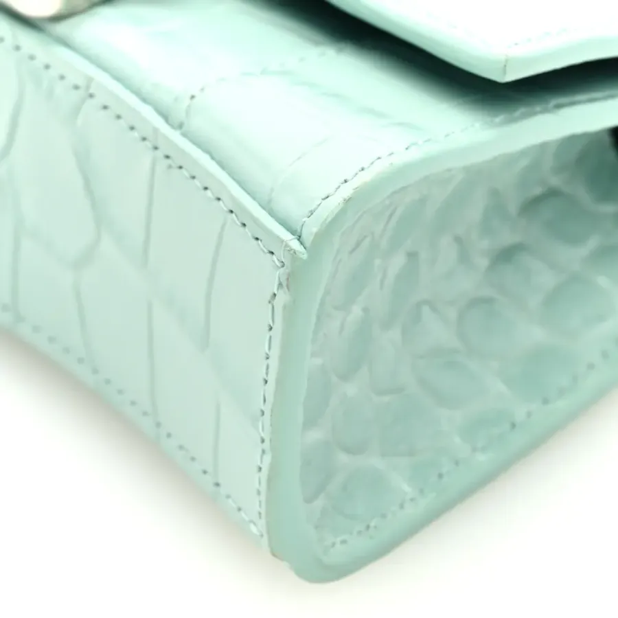 Balenciaga Hourglass Mini Top Handle Bag With Chain Green Acqua Crocodile Embossed Shiny Calfskin Leather