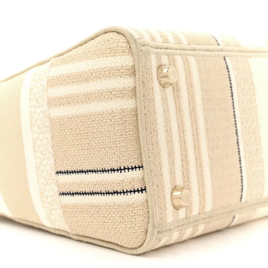 Dior Medium Stripes Lady D-Lite Beige Embroidered Canvas Gold Hardware