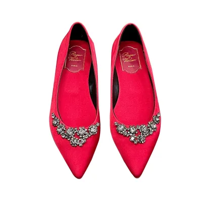 Roger Vivier Efflorescence Ballerinas In Red/Silver Satin With Crystal Flowers Buckle (Heel Height 1cm)