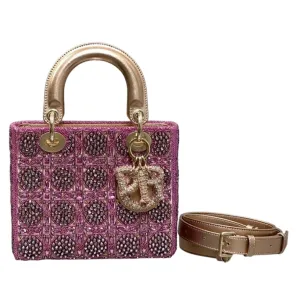 Dior Small Lady Dior Bag Metallic/Blue/Grey Lambskin and Rose des Vents/Dark Blue/Light Grey Satin Embroidered with Beads Gold Hardware