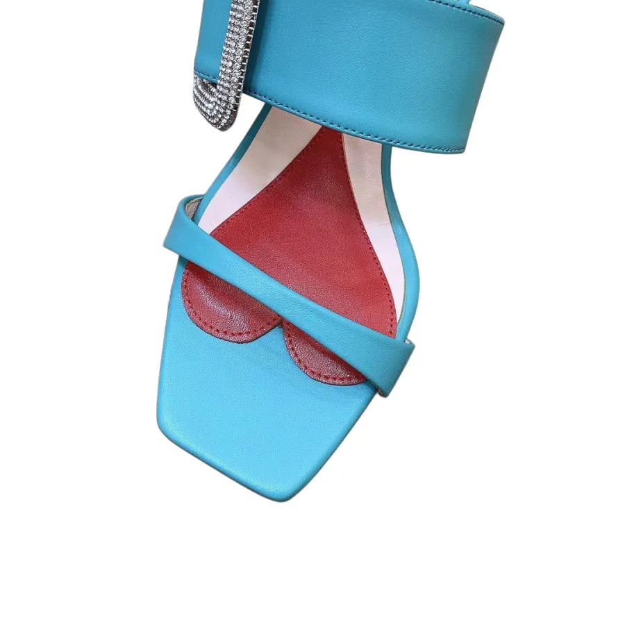 Roger Vivier Viv' Rangers Mules Sandals In White/Black/Blue Leather With Crystal Buckle (Heel Height 5.5cm)