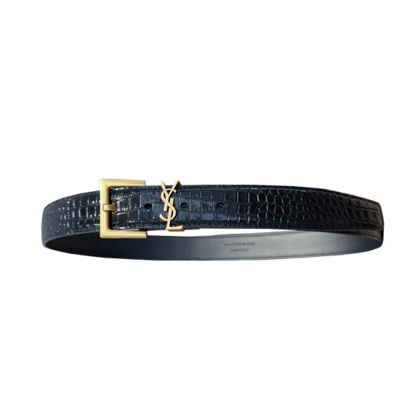 Saint Laurent Cassandre Belt In Black/Beige/Green Crocodile-Embossed Leather With Gold Hardware 30mm
