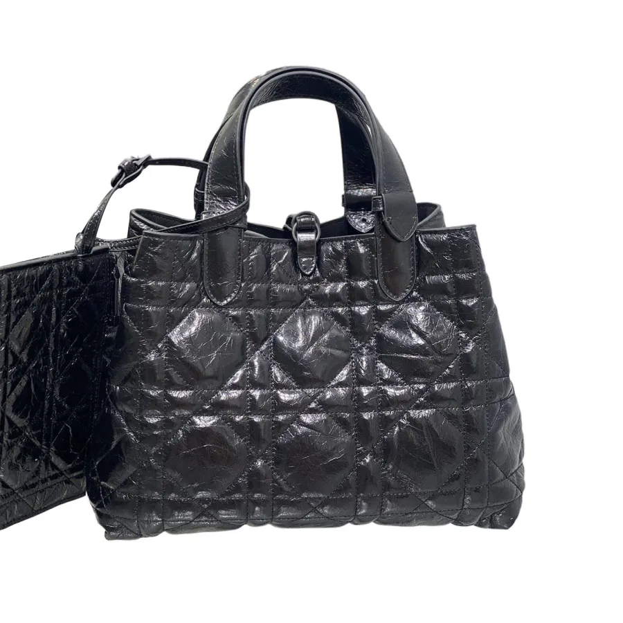 Dior Medium Dior Toujours Bag In Black Macrocannage Crinkled Calfskin With Black Hardware