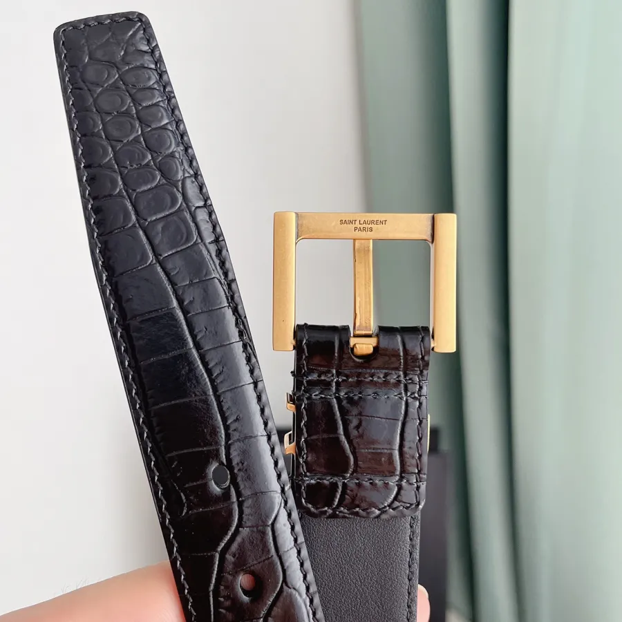 Saint Laurent Cassandre Belt In Black Crocodile-Embossed Calfskin With Gold/Silver/Black Hardware 30mm