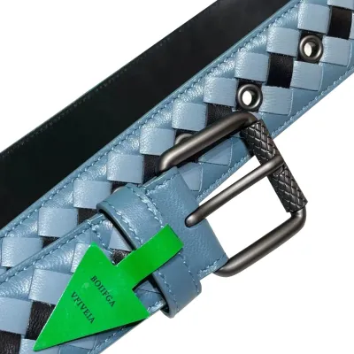 Bottega Veneta Men's Square Buckle Intrecciato Belt In Multicolor Calfskin With Silver/Matte Gun Black Hardware 35mm
