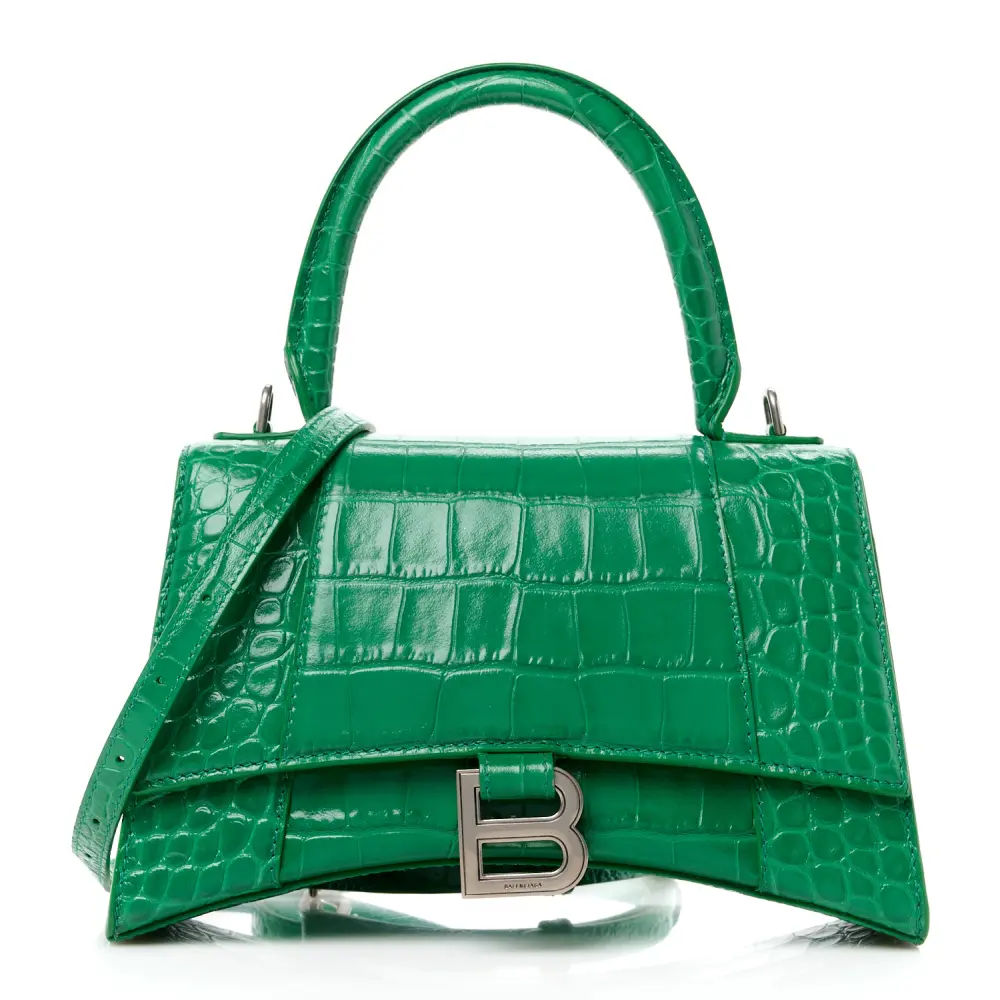 Balenciaga Bolsa Pequena Ampulheta com Alça Superior Verde Folha Crocodilo Relevado Couro Bezerro Brilhante Hardware Prateado