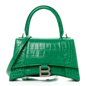 Balenciaga Small Hourglass Top Handle Bag Leaf Green Crocodile Embossed Shiny Calfskin Leather Silver Hardware