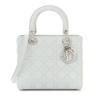 Dior Medium Lady Dior White Grained Cannage Calfskin Leather Silver Hardware
