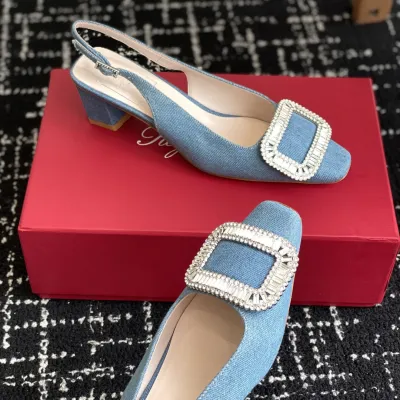 Roger Vivier Belle Viver Slingback Pumps High Heels In Blue Denim With Crystal Buckle (Heel Height 4.5cm)