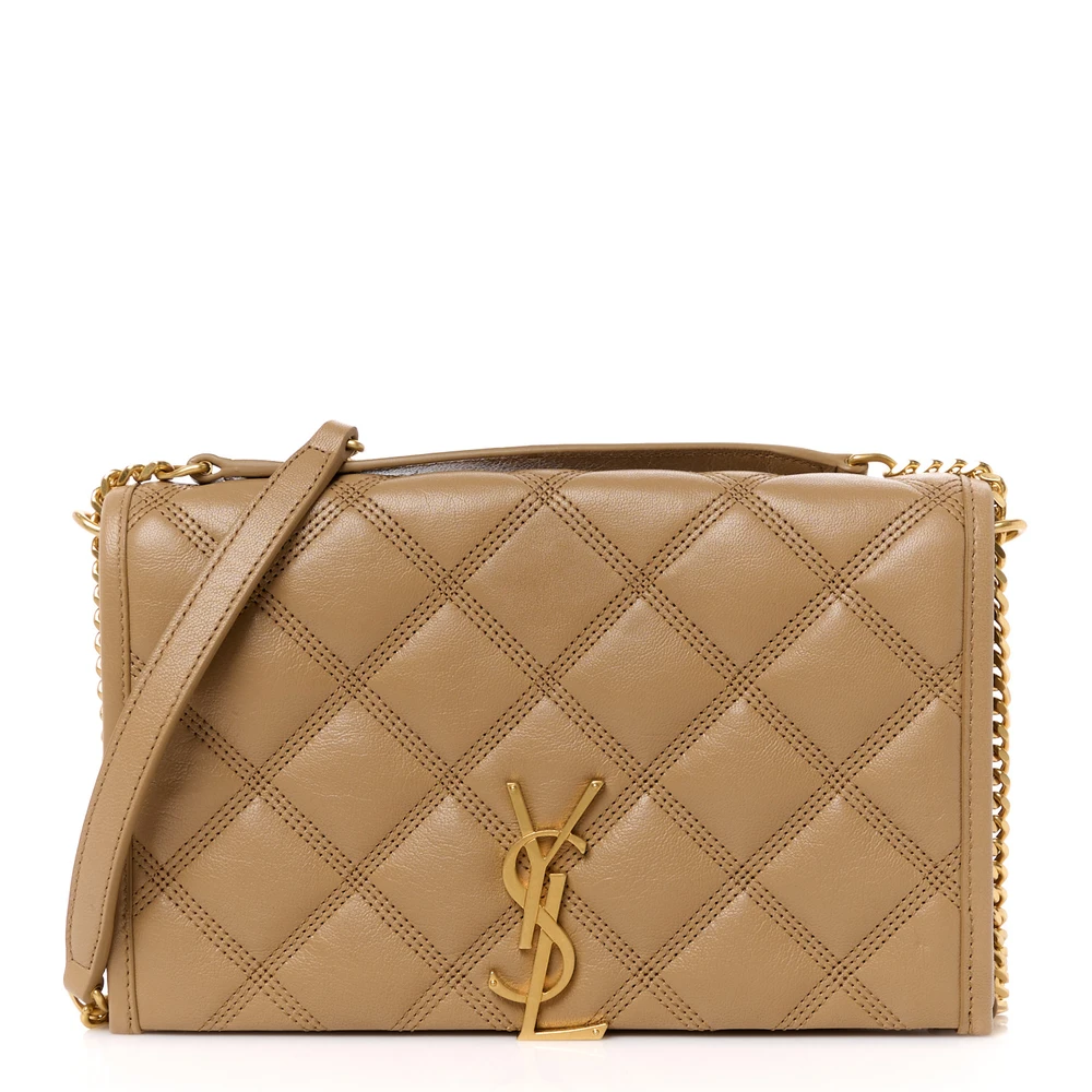 Saint Laurent Bolsa Corrente Becky Média em Couro de Cordeiro Acolchoado Diamante Natural Tan com Hardware Dourado
