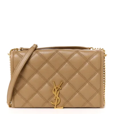 Saint Laurent Medium Becky Chain Wallet Natural Tan Diamond Quilted Lambskin Leather Gold Hardware