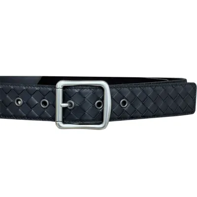 Bottega Veneta Men's Square Buckle Intrecciato Belt In Black/Coffee/Blue/Grey Calfskin With Silver/Black Hardware 40mm