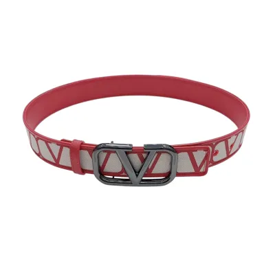 Valentino V Buckle Belt In Red/Black/Coffee Monogram Logo Calfskin With Gold/Gun Black Hardware 40mm