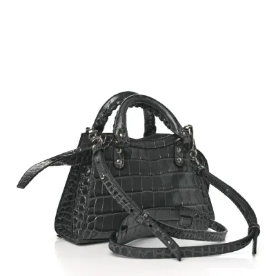 Balenciaga Mini Neo Classic City Bag Dark Grey Crocodile Embossed Calfskin Leather Silver Hardware
