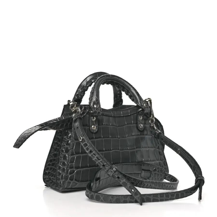 Balenciaga Mini Neo Classic City Bag Dark Grey Crocodile Embossed Calfskin Leather Silver Hardware