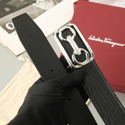 Ferragamo Men's Horsebit Buckle With Crystal Belt In Black Calfskin With Gold/Silver Hardware 38mm