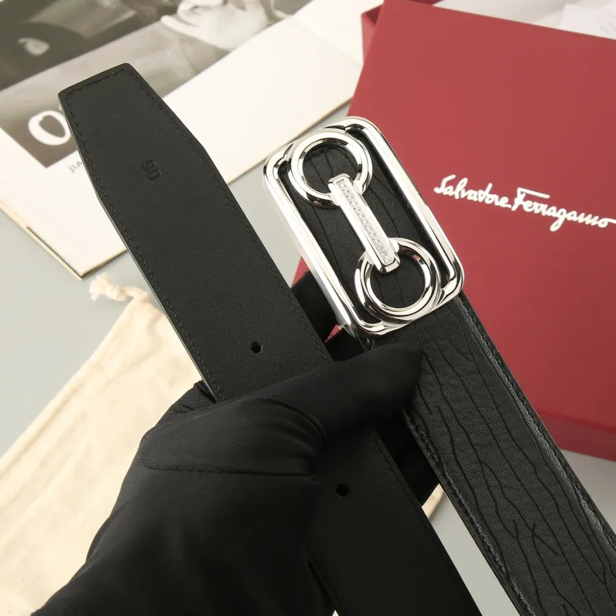 Ferragamo Men's Horsebit Buckle With Crystal Belt In Black Calfskin With Gold/Silver Hardware 38mm