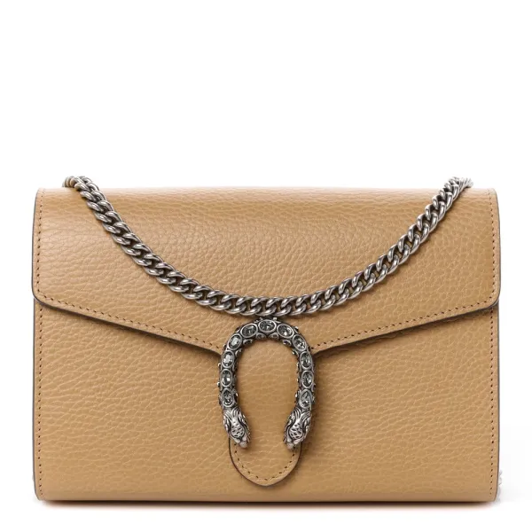 Gucci Mini Crystal Dionysus Chain Wallet Natural Tan / Black Diamond & Dollar Calfskin Leather Silver Hardware