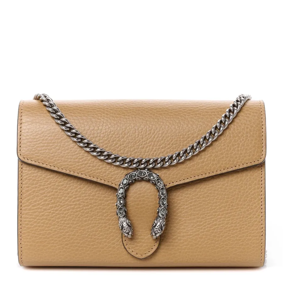 Gucci Mini Crystal Dionysus Chain Wallet Natural Tan / Black Diamond & Dollar Calfskin Leather Silver Hardware