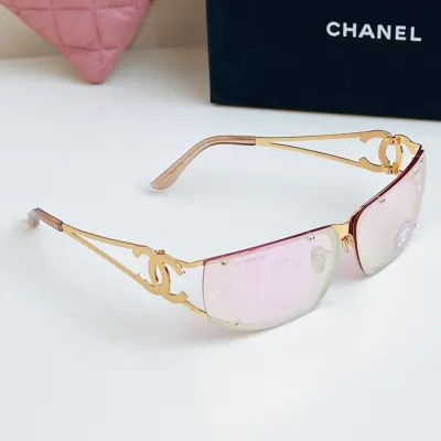CHANEL square frame glasses pink gold color size 64-11-120