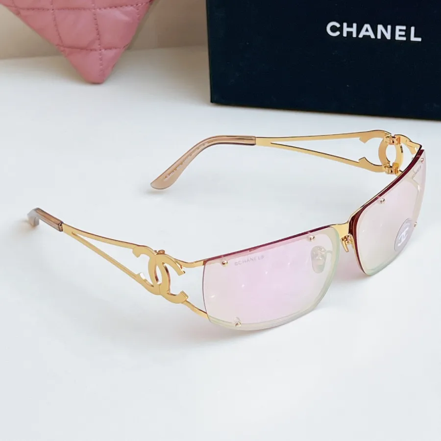 CHANEL square frame glasses pink gold color size 64-11-120