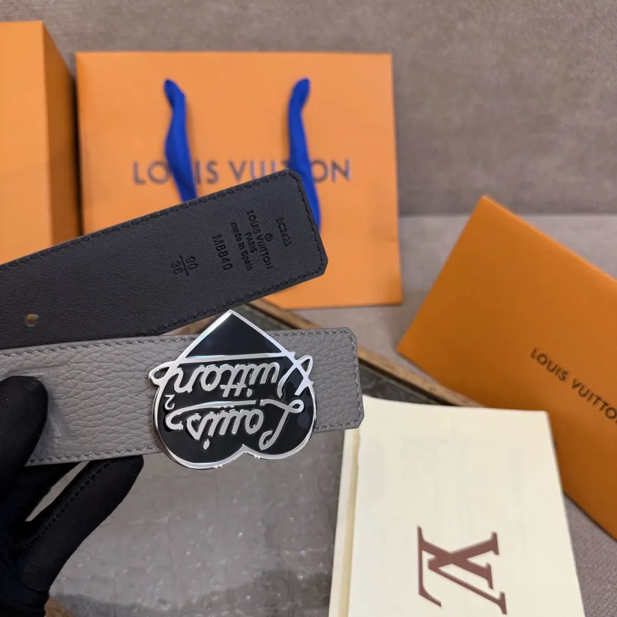 Louis Vuitton Men's Shield LV Heart Buckle Reversible Belt In Grey/Black Calfskin With Silver Hardware 40mm