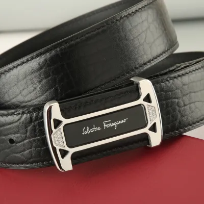 Ferragamo Men's Square Buckle With Crystal Belt In Black Calfskin With Gold/Silver Hardware 38mm